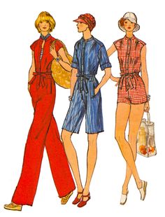 Jumpsuit in short, above mid-knee or long lengths, with front gathered to shoulder yokes has blouson bodice, shaped collar band, front-buttoned band closing, extended shoulders, elasticized waistline with attached self tie ends, straight legs and concealed pockets under welt trim. Sleeveless or above elbow length sleeves with turn-back cuffs. Topstitching. Misses Size 8 Breast: 31.5" Waist: 24" Hip: 33.5" Gently used pattern is complete, instructions included. Envelope has some age discoloration, a hole in the front, wrinkles and small tears. Save on shipping with multiple items. Additional patterns ship for $1.00 each. Shipping is free on any order totaling $35.00 or more. Visit my sister store FoxyCrafterStudio for Craft Kits, Patterns & Supplies and Personalized Gifts Vintage Jumpsuits And Rompers For Summer Workwear, Vintage Summer Jumpsuits And Rompers For Work, Retro Summer Jumpsuits And Rompers For Work, Retro Summer Workwear Jumpsuits And Rompers, Vintage Jumpsuits And Rompers For Workwear, Jumpsuits Pattern, Romper Sewing Pattern, Above Elbow, Fashion Illustration Vintage