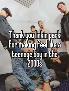 a group of men sitting next to each other with the words thank you linkin park for