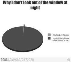 a pie with the caption why i don't look out of the window at night