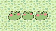 three green frogs with pink noses are standing in the middle of a wallpaper pattern