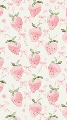 watercolor strawberrys with bows and hearts on a white background for wallpaper or fabric