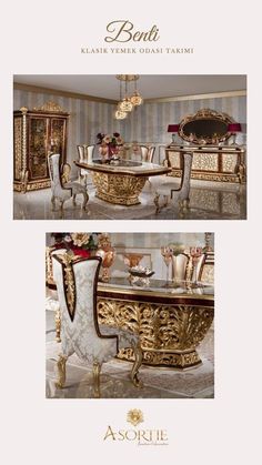 an elegant dining room set with gold and white furniture