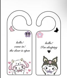 two door hangers with cartoon cats and dogs on them, one has the word hello