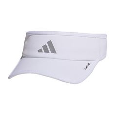 the adidas visor is white and has a black stripe on the front side