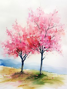 watercolor painting of two trees with pink flowers