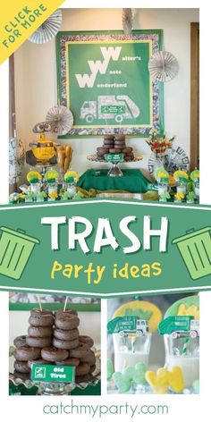 a green and yellow birthday party with lots of food