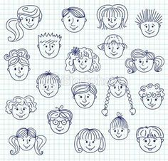 children's faces drawn on a notebook sheet