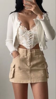 Outfit On Shein, Khaki Mini Skirt, Corset Top Outfit, Corset Outfit, Tan Skirt, Future Style, Skirt Short, Fit Ideas, Cute Outfit