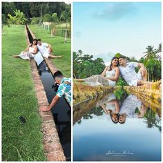 two pictures one with people laying on the grass and another with water