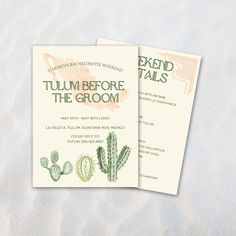 two brochures with cactus designs on them sitting next to each other in the sand