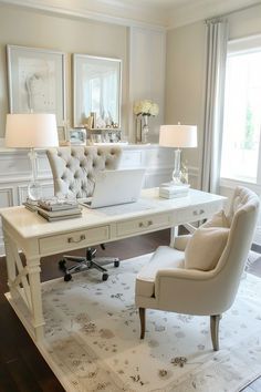 Feminine Home Office Classy, Womens Home Office Ideas, Office Decor Workplace, Home Office Designs, Chic Office Decor, Feminine Home Offices, Cozy Home Office, Office Designs, Home Decor Ideas Living Room