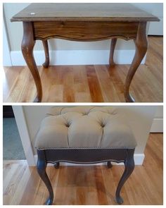 the before and after photos of an old desk with leather upholstered seat cushions