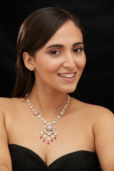 925 silver toned floral carved pendant necklace with moissanite polki stone, red ruby stone embellishment. - Aza Fashions Traditional Rose Cut Diamond Pendant Necklace, Diamond Kundan Pendant Necklace For Gift, Traditional Diamond White Pendant Necklace, Luxury Rose Cut Diamond Necklaces For Festive Occasions, Luxury Festive Necklaces With Rose Cut Diamonds, Festive Luxury Rose Cut Diamond Necklaces, Intricate American Diamond Necklaces, Silver Kundan Necklace With Ruby For Gift, Diamond Kundan Necklace With Rose Cut As A Gift