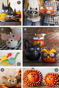 pumpkins and other decorative items are featured in this photo collage for halloween decorations