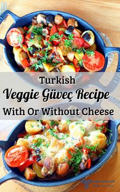 two pans filled with vegetables and cheese on top of a wooden table next to each other