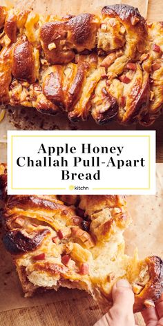 apple honey challah pull apart bread on a cutting board with the title overlay