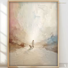 an abstract painting of a person walking with a dog