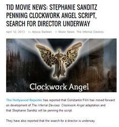 the clockwork angel logo is shown in front of a dark background with light beams