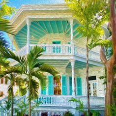 a painting of a white house with green shutters and palm trees in the foreground