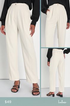 Leave everyone in awe of your posh presence in the Lulus Sophisticated Company Ivory Straight Leg Trouser Pants! These chic pants keep things classy with their flat woven composition and high-waisted fit, complete with belt loops, a tortoise top button-closure, and a hidden zip fly. The straight pant legs feature light pleating, side seam pockets, and decorative welt pockets at back before ending at tailored, ankle-length hems. Elastic at back for fit. Fit: This garment fits true to size. Length