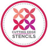 the cutting edge stencils logo is shown in pink, purple and orange colors