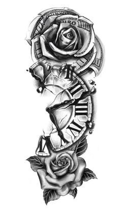 a rose and clock tattoo design on the back of a woman's arm,