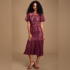 Ellington Burgundy Embroidered Lace Midi Dress Women’s Small Brand New With Tags Fit: Slightly Small Bust: Great For Any Cup Size. Waist: Fitted - Very Fitted At Natural Waist. Hip: Fitted - Consider Sizing Up For Fuller Hips. Undergarments: May Be Worn With A Strapless Bra, Adhesive Bra, Petals, Or No Bra. Fabric: Fabric Has No Stretch. Length: Knee Length. Self: 60% Polyester, 40% Cotton. Contrast: 95% Polyester, 5% Spandex. Lining: 100% Polyester. Hand Wash Cold. Imported. Lined To Mid-Thigh. Fitted Embroidered Lace Midi Dress, Fitted Lace Midi Dress With Embroidery, Fitted Formal Embroidered Midi Dress, Knee-length Embroidered Lace Midi Dress, Fitted Embroidered Dress With Lace Trim And Short Sleeves, Formal Fitted Lace Embroidered Dress, Fitted Lace Burgundy Dress, Fitted Red Embroidered Midi Dress, Red Embroidered Fitted Midi Dress