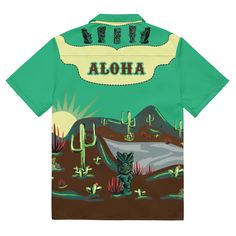 Aloha partners! Our custom Tiki Western Aloha button down is perfect for any western themed tiki event! This shirt runs big so please check the size chart. If you would like a matching set, size down for women.• 65% recycled polyester, 35% polyester• Breathable and moisture-wicking material• Oversized fit• UPF50+ protectionThis product is made especially for you as soon as you place an order, which is why it takes us a bit longer to deliver it to you. Making products on demand instead of in bulk Summer Rodeo Shirt With Graphic Print, Summer Graphic Print Shirt For Rodeo, Western Style Short Sleeve Relaxed Shirt, Relaxed Fit Short Sleeve Western Shirt, Western Style Relaxed Fit Short Sleeve Shirt, Fitted Hawaiian Shirt With Graphic Print And Camp Collar, Western Style Graphic Print Shirt For Summer, Retro Summer Tops For Western-themed Events, Retro Tops For Western-themed Summer Events