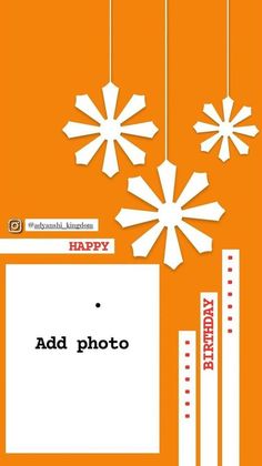 an orange background with white snowflakes hanging from it's sides and the words happy