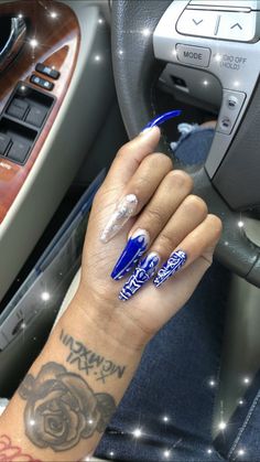 Blue Nail Sets Long, Long Acrylic Nails Royal Blue, Long Nails Royal Blue, Royal Blue Long Nails With Design, Crip Blue Nails Acrylic, Bandana Nails, Pink Glitter Nails, Glam Nails, Acrylic Nails Coffin