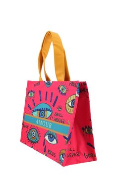 Protect your belongings with the Evil Eye Book Tote Bag. Featuring a unique Evil Eye design, this tote bag will add a touch of quirkiness to your everyday style. Say hello to protection and style, all in one bag! AMOUR Book Tote Bag16.25"(L) x 6"(W) x 12.25"(H) Pink Tote Lunch Bag For Daily Use, Trendy Rectangular Lunch Bag For Everyday Use, Trendy Canvas Bag For Shopping, Trendy Large Capacity Tote Lunch Bag, Trendy Shoulder Lunch Bag For Daily Use, Trendy Double Handle Canvas Gift Bag, Trendy Canvas Bag With Double Handle As Gift Bag, Trendy Shoulder Lunch Bag, Pink Tote Lunch Bag For Everyday Use