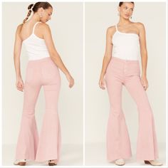 New With Tag Pink Cotton Flare Jeans For Fall, High Waist Pink Flare Denim Jeans, Pink High Waist Flare Jeans, Pink Denim Flare Jeans For Spring, Feminine Fitted Cotton Bottoms, Spring Pink Denim Flare Jeans, Feminine Summer Cotton Pants, Pink Spring Flare Denim Jeans, Casual Pink Flare Jeans For Summer