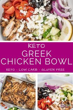 the keto greek chicken bowl is full of vegetables, meat and feta cheese