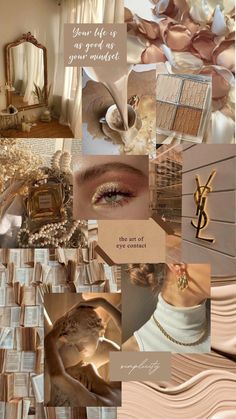 a collage of different images with gold and white accents, including an image of a woman's face