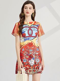 Carnival of Hue: This vibrant, stained glass-inspired dress is a wearable piece of art, flaunting a bold palette of red, yellow, and blue, intermingled with striking patterns that catch the eye. The short-sleeve design, coupled with the A-line silhouette, offers a casual yet flattering fit that moves with grace and ease. It's a piece that celebrates color and creativity, making it a perfect choice for those who love to stand out in a crowd. The kaleidoscopic patterns are not just visually compel Red Abstract Print Summer Dress, Colorful Floral Print Short Sleeve Dress, Fitted Multicolor Print Dress With Short Sleeves, Colorful Pattern Short Sleeve Summer Dresses, Red Bold Print Summer Dress, Red Summer Dress With Bold Print, Red Summer Dress With Colorful Pattern, Colorful Patterned Red Summer Dress, Yellow Short Sleeve Mini Dress