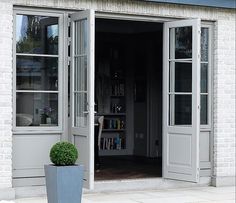 a large potted plant sitting in front of an open door