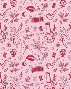 a pink wallpaper with various symbols on it