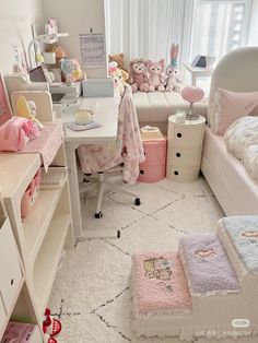 a room filled with lots of stuffed animals and toys on top of white carpeted flooring