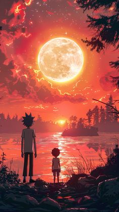 an anime scene with the sun setting and two people standing in front of a body of water