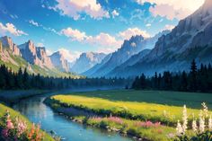 a painting of mountains and flowers in the foreground with a river running through it