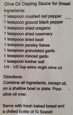 a recipe for olive oil dipping sauces for bread ingredients list on white paper