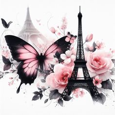 the eiffel tower is surrounded by pink roses and butterflies in front of it