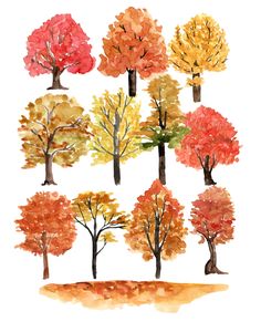 watercolor trees with different colors and sizes