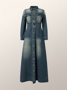 Denim Fashion Outfits, Denim Duster Coat, Long Denim Coat, Shirt Collar Pattern, Denim Duster, Types Of Coats, Long Sleeve Coat, Long Sleeves Coats, Denim Coat