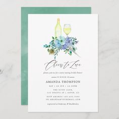 an elegant wine bottle and flowers bridal party card