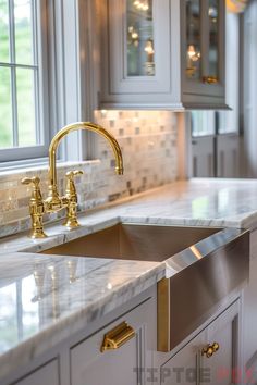 grey cabinets gold faucet silver sink White Kitchen With Gold Faucet, White Sink With Gold Faucet, Best Gold Kitchen Faucet, Gold Fixtures In Kitchen, Gold Hardwear Kitchen, Grey And Gold Kitchen Ideas, White Sink Gold Faucet, Kitchen Sink With Gold Faucet, Gold Fixtures Kitchen