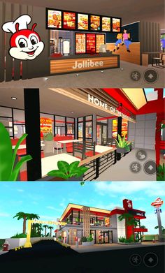 two screens showing the inside and outside of a fast food restaurant, with an image of a