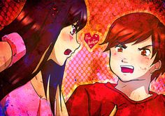 two girls are talking to each other in front of a red background with hearts on it