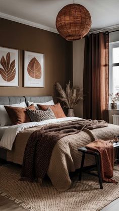 a large bed sitting in a bedroom next to a window covered in brown and white blankets