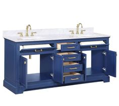 a double sink vanity with marble top and gold faucets on the bottom, in blue